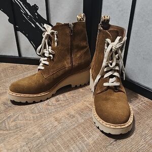 Dolce Vita Brown Suede Zippered Lace-Up Fur Trim Boots Size 10